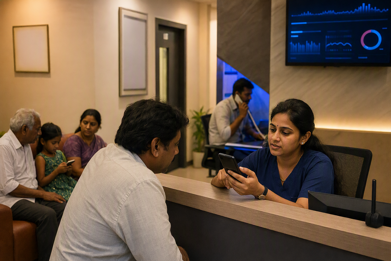 An evening scene inside a growing neighbourhood healthcare clinic in India, where a receptionist helps an in-person visitor