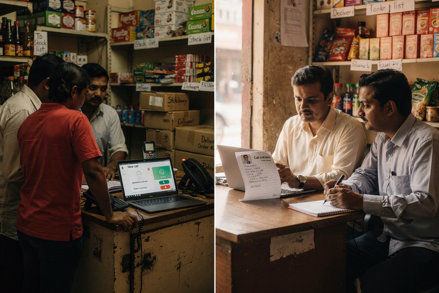 A split-scene inside a family-run Indian retail and service business during a busy afternoon