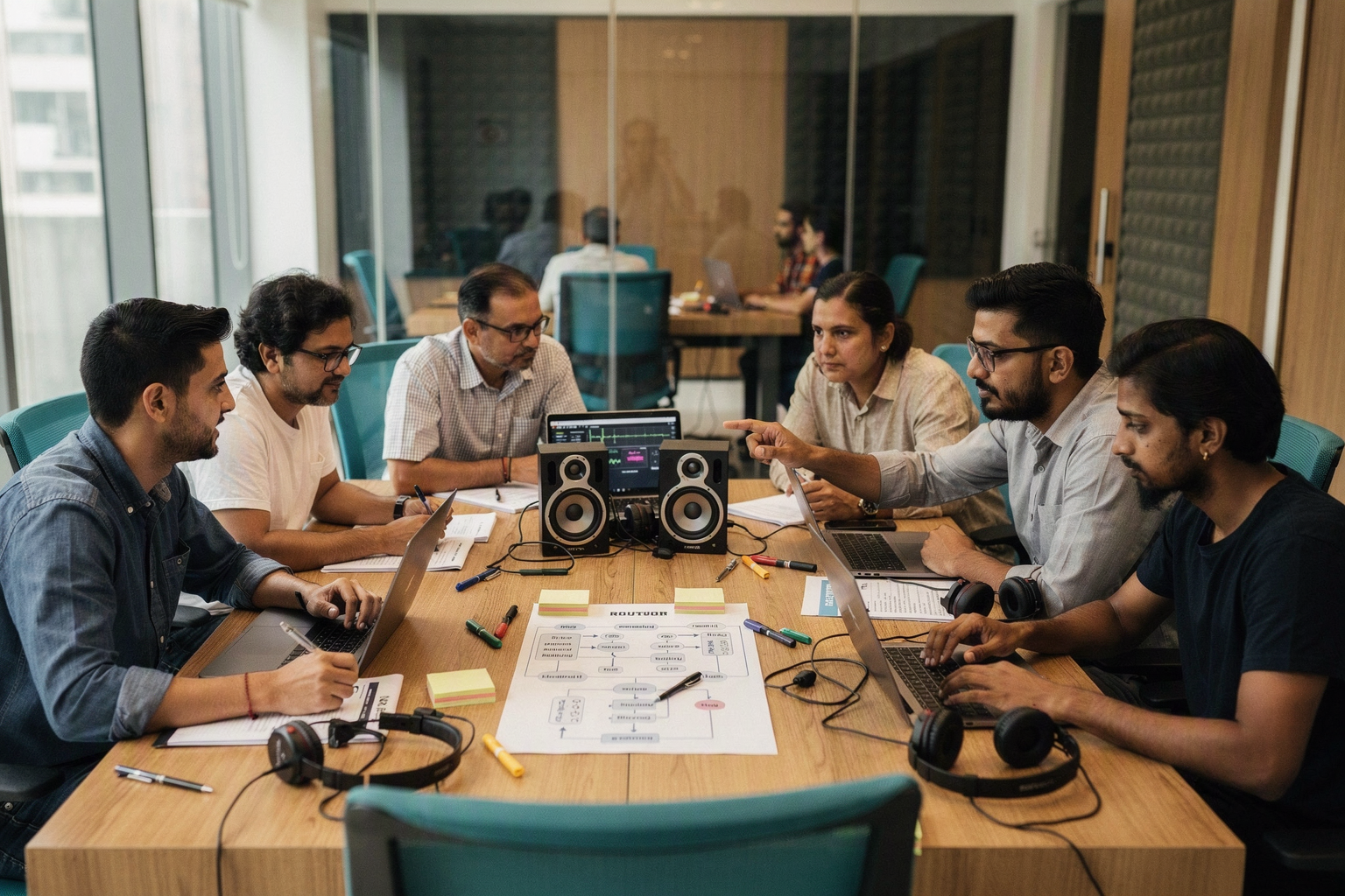 A multidisciplinary workshop in a modern Indian coworking space featuring a conversational AI engineer, a Hindi linguist,