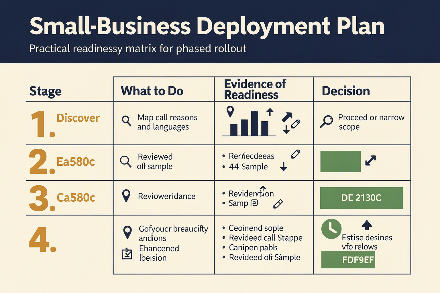 A practical readiness-matrix infographic titled Small-Business Deployment Plan with columns labelled Stage, What to Do,
