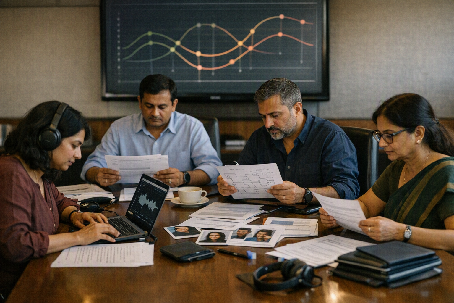 A cross-functional expert review workshop in a contemporary Hyderabad boardroom, with a speech scientist examining