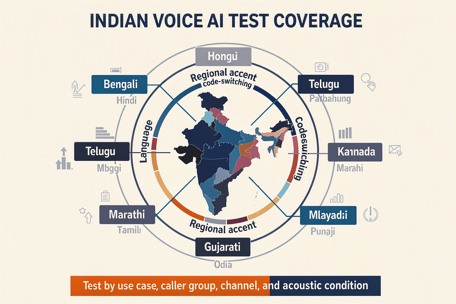 Create an India language-evaluation map infographic titled INDIAN VOICE AI TEST COVERAGE