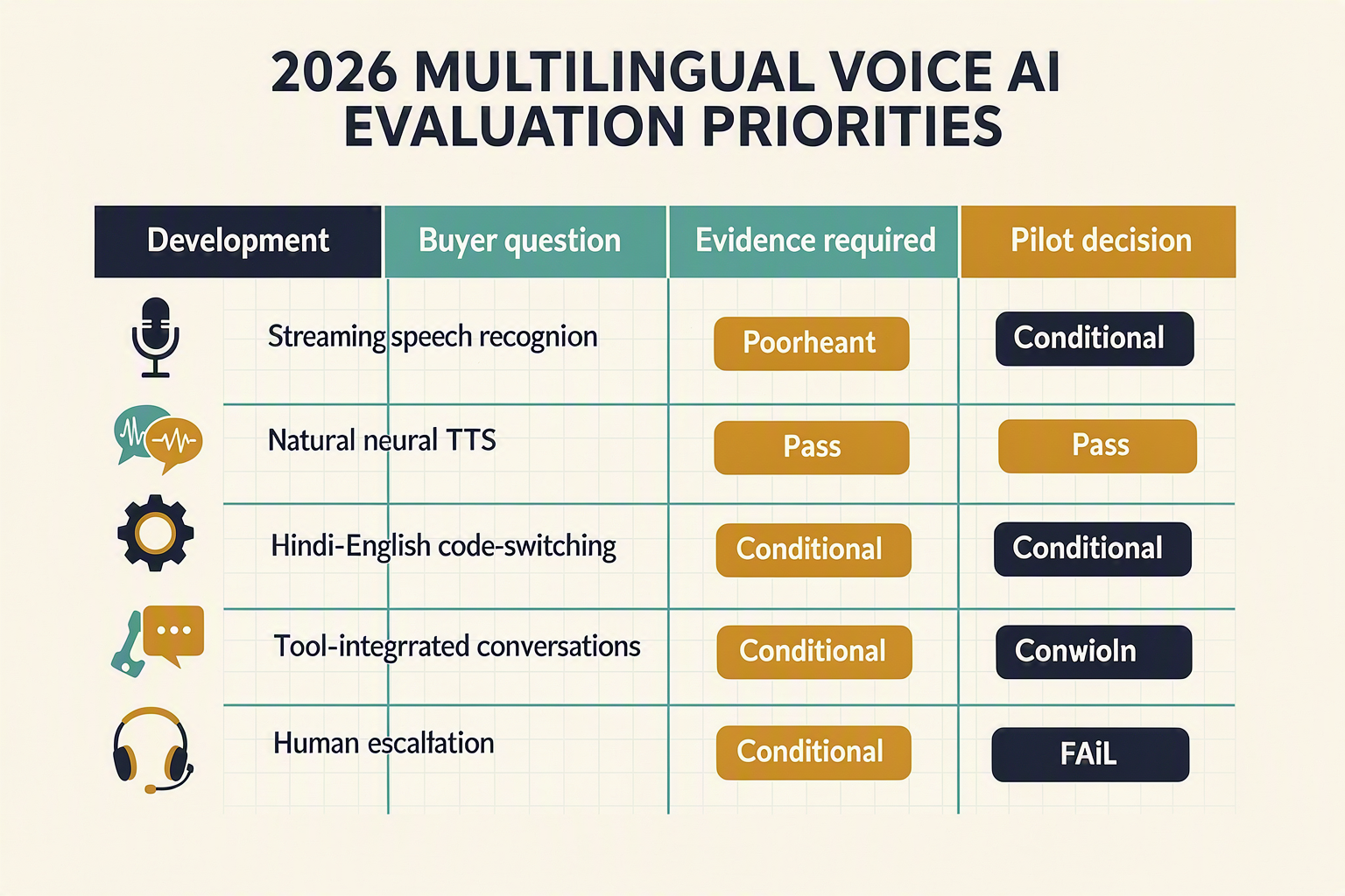 Design a structured comparison table titled 2026 MULTILINGUAL VOICE AI EVALUATION PRIORITIES with four columns labelled
