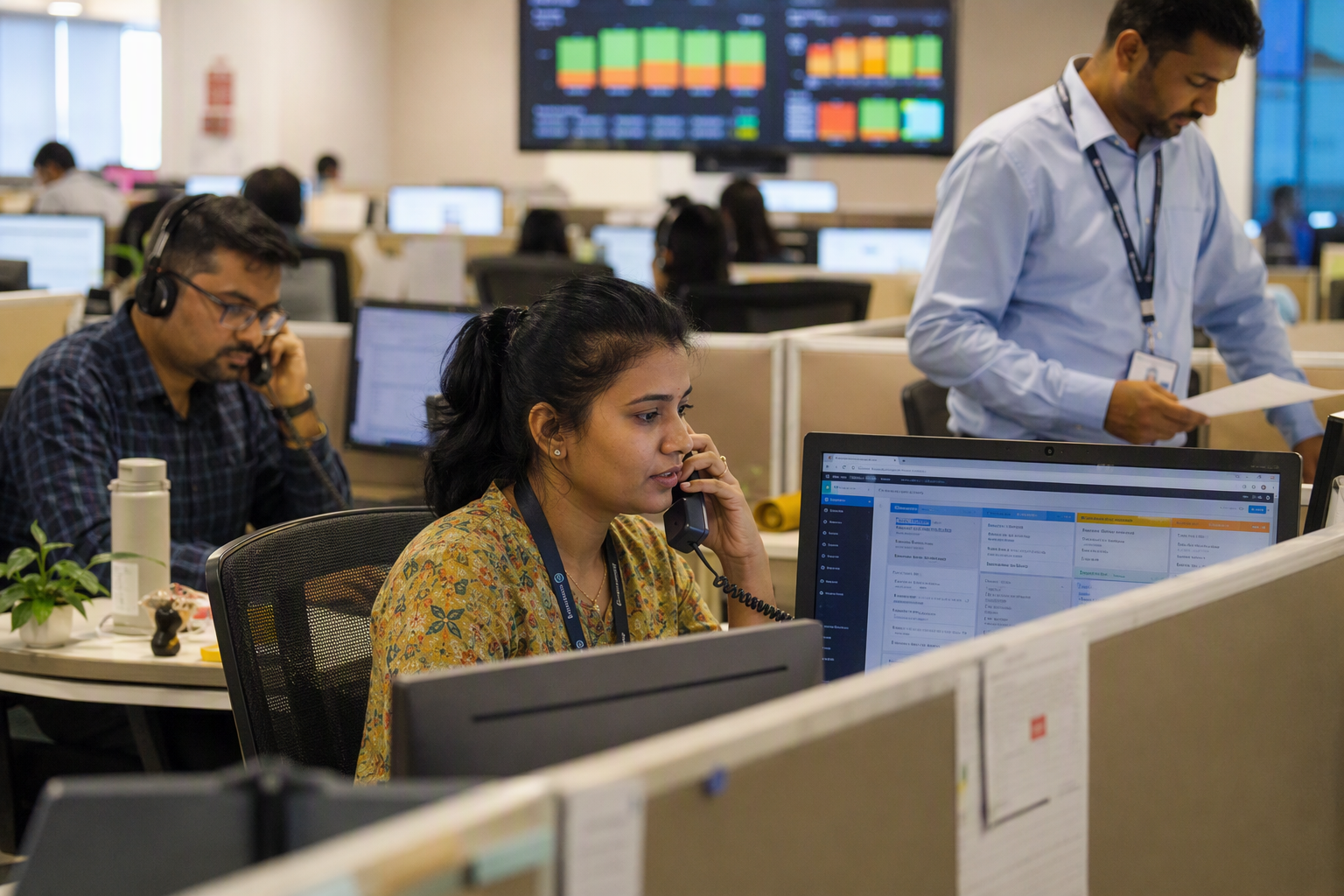 A busy but orderly customer-support floor in Mumbai during the afternoon, showing multilingual service in practice