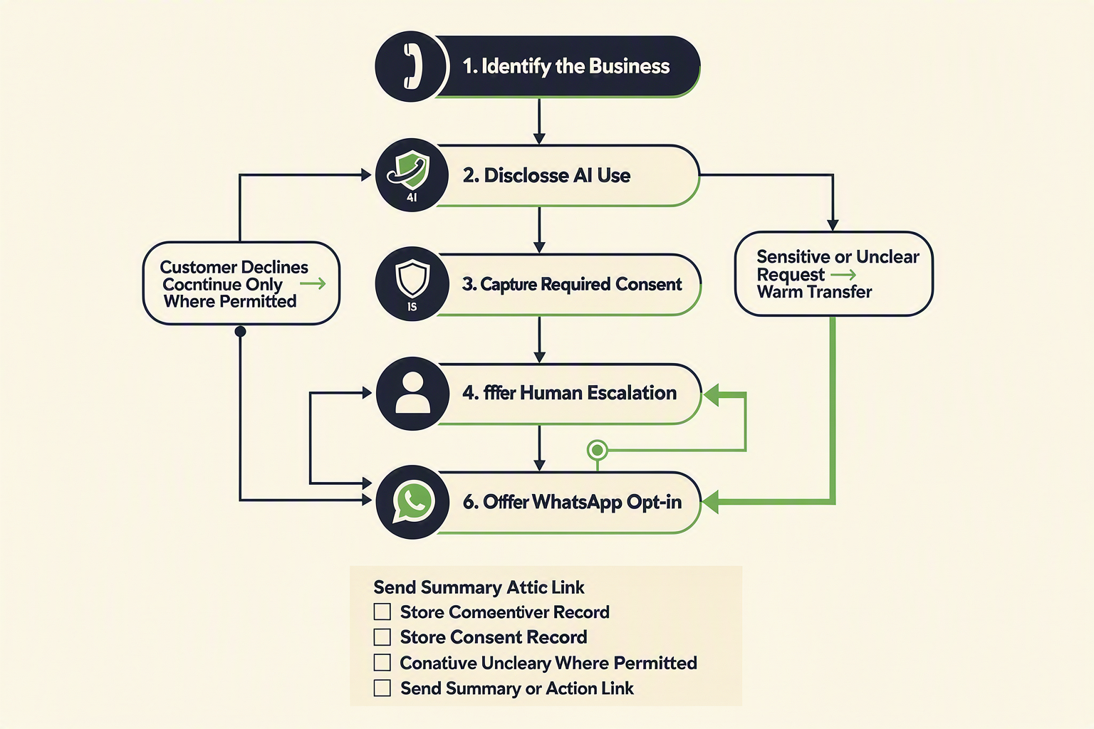A vertical customer-journey infographic titled Safe Call-to-WhatsApp Workflow with seven connected rounded cards: 1