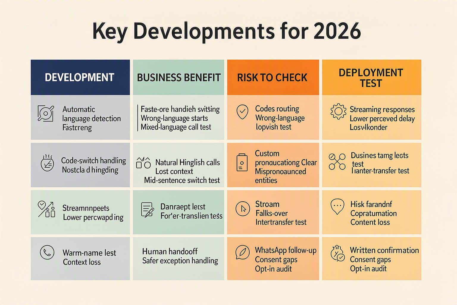A polished comparison-table infographic titled Key Developments for 2026 with four columns labelled Development, Business