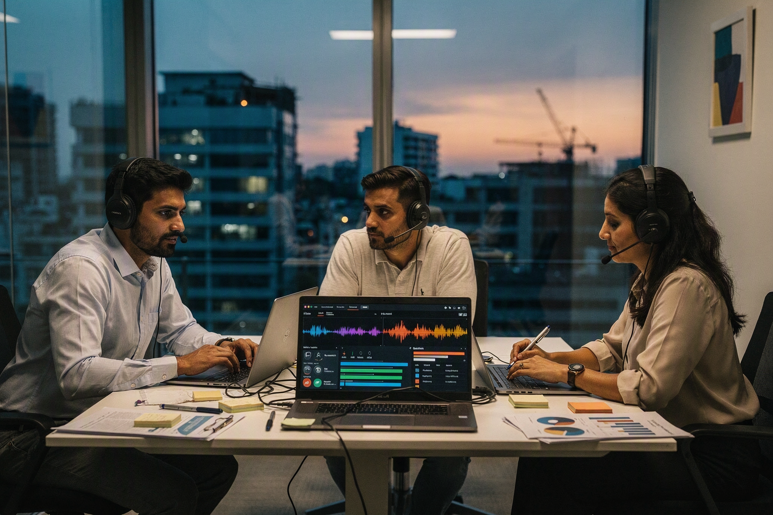 A procurement leader, speech engineer, and contact-center manager seated around a conference table in a Bengaluru office,