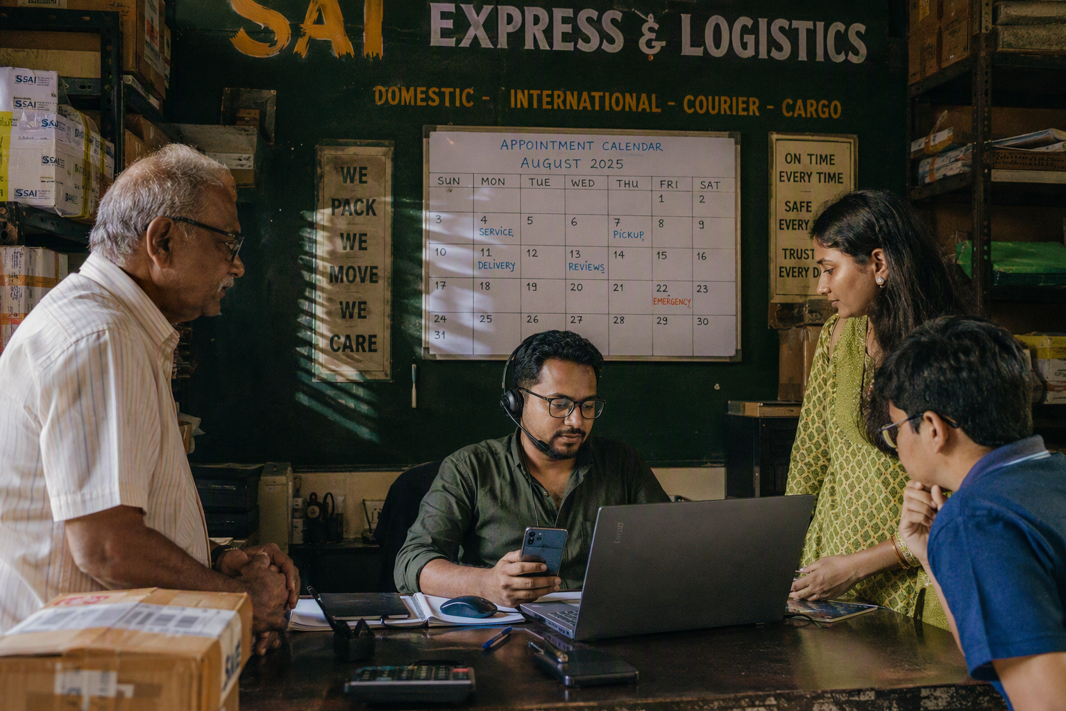 A welcoming neighbourhood business in India where a shop owner coordinates customer conversations from a central desk: a
