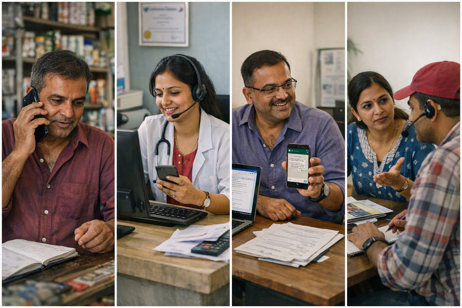 A five-panel documentary-style scene showing practical Indian small-business use cases