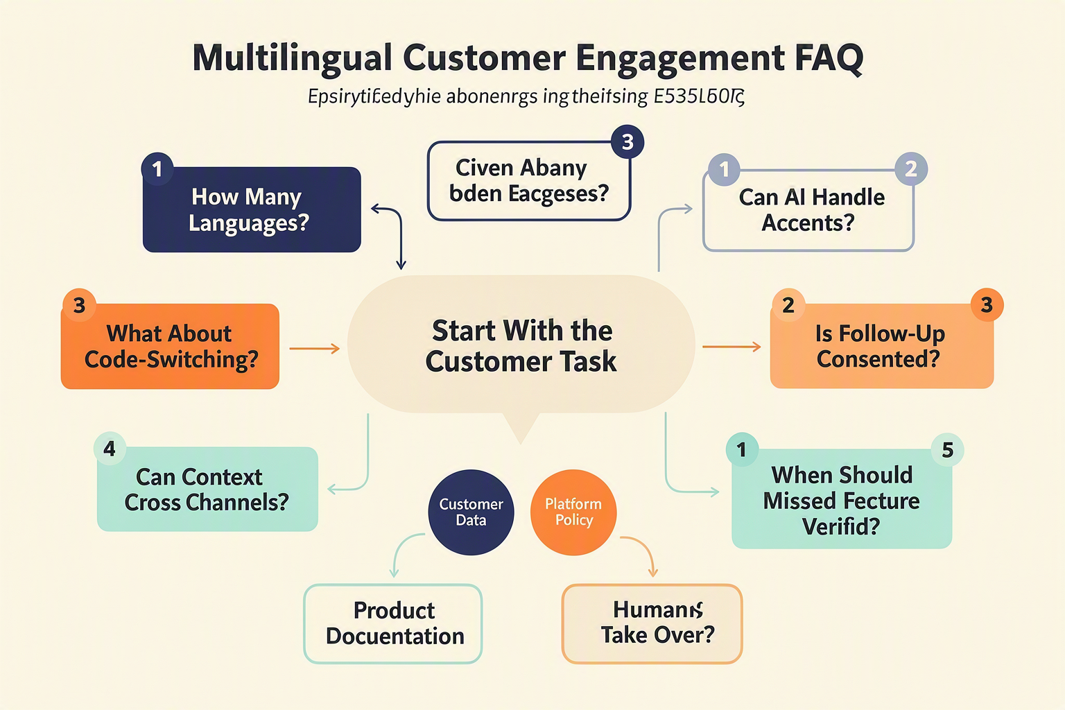 A clear FAQ knowledge-map infographic titled Multilingual Customer Engagement FAQ