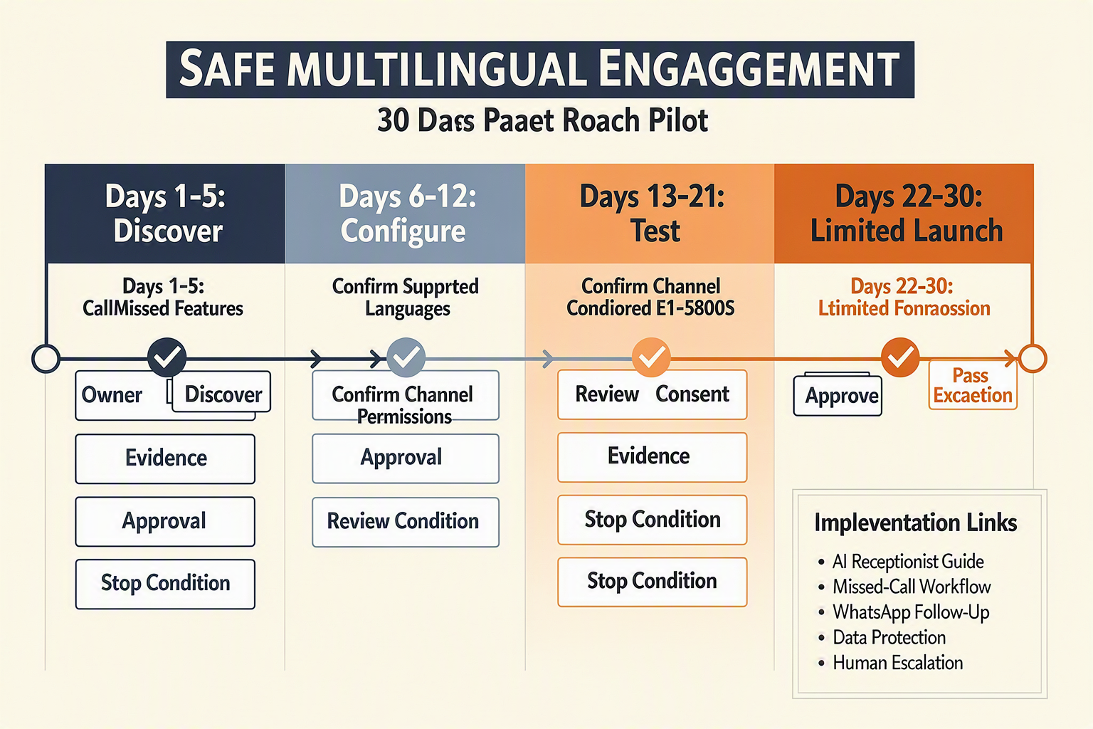 A horizontal 30-day rollout roadmap titled Safe Multilingual Engagement Pilot divided into four phases: Days 1–5: Discover,