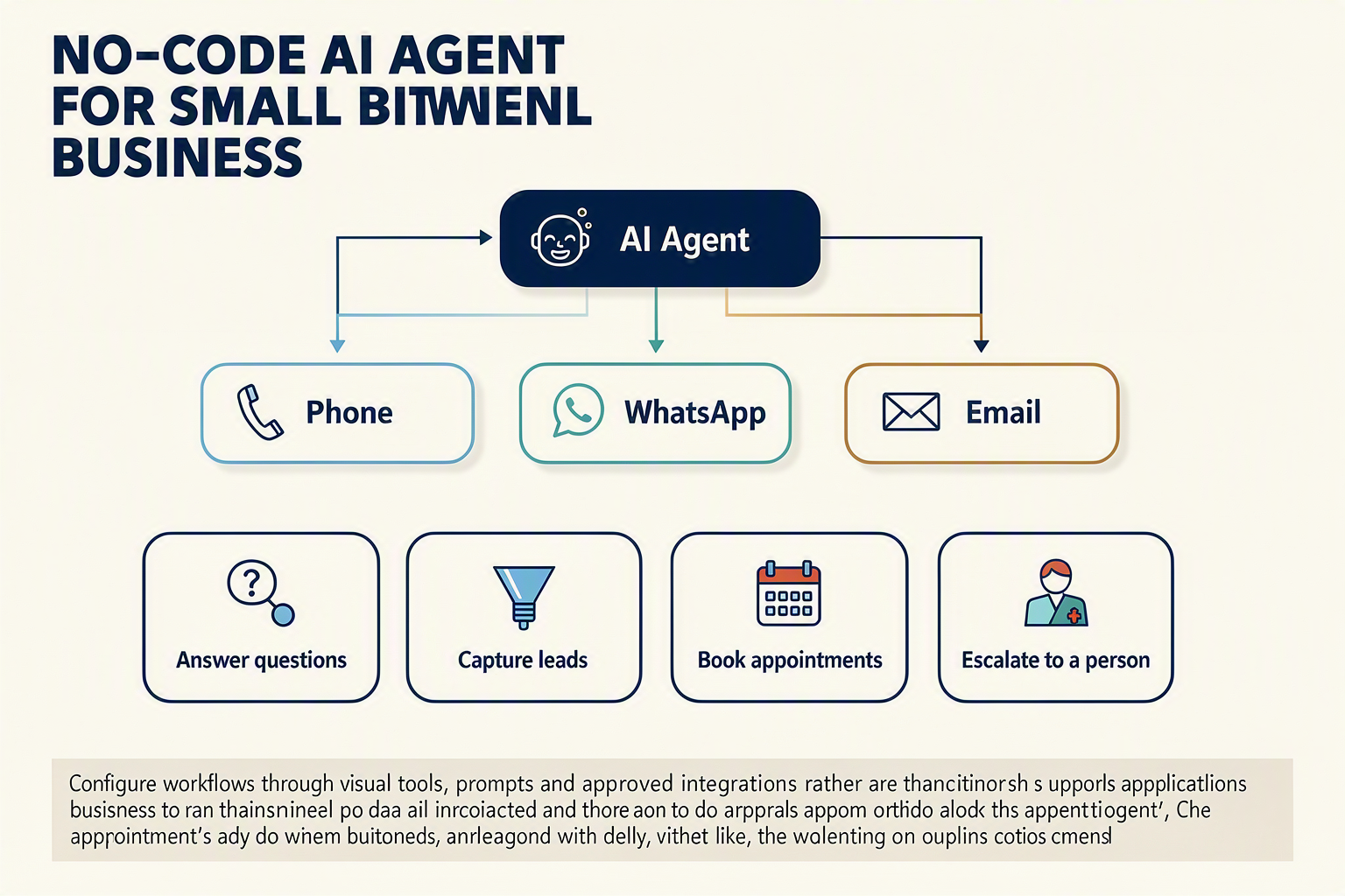 A clean omnichannel overview infographic titled “NO-CODE AI AGENT FOR SMALL BUSINESS” with a central rounded card labelled