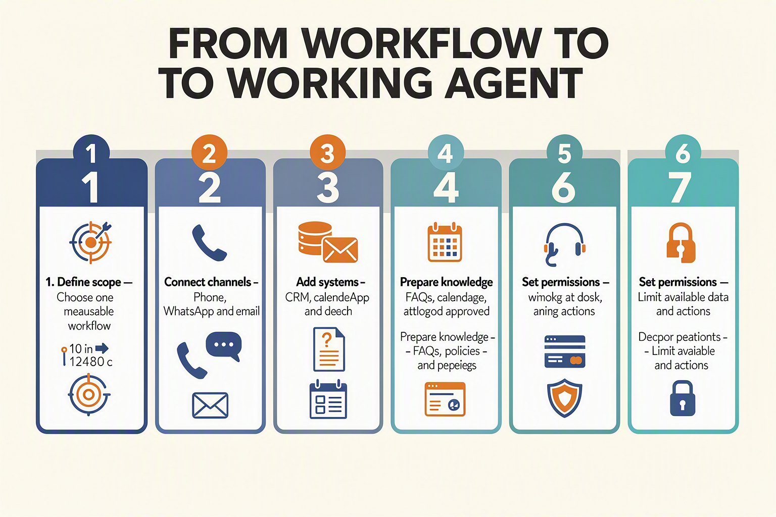 A seven-step horizontal implementation roadmap titled “FROM WORKFLOW TO WORKING AGENT”