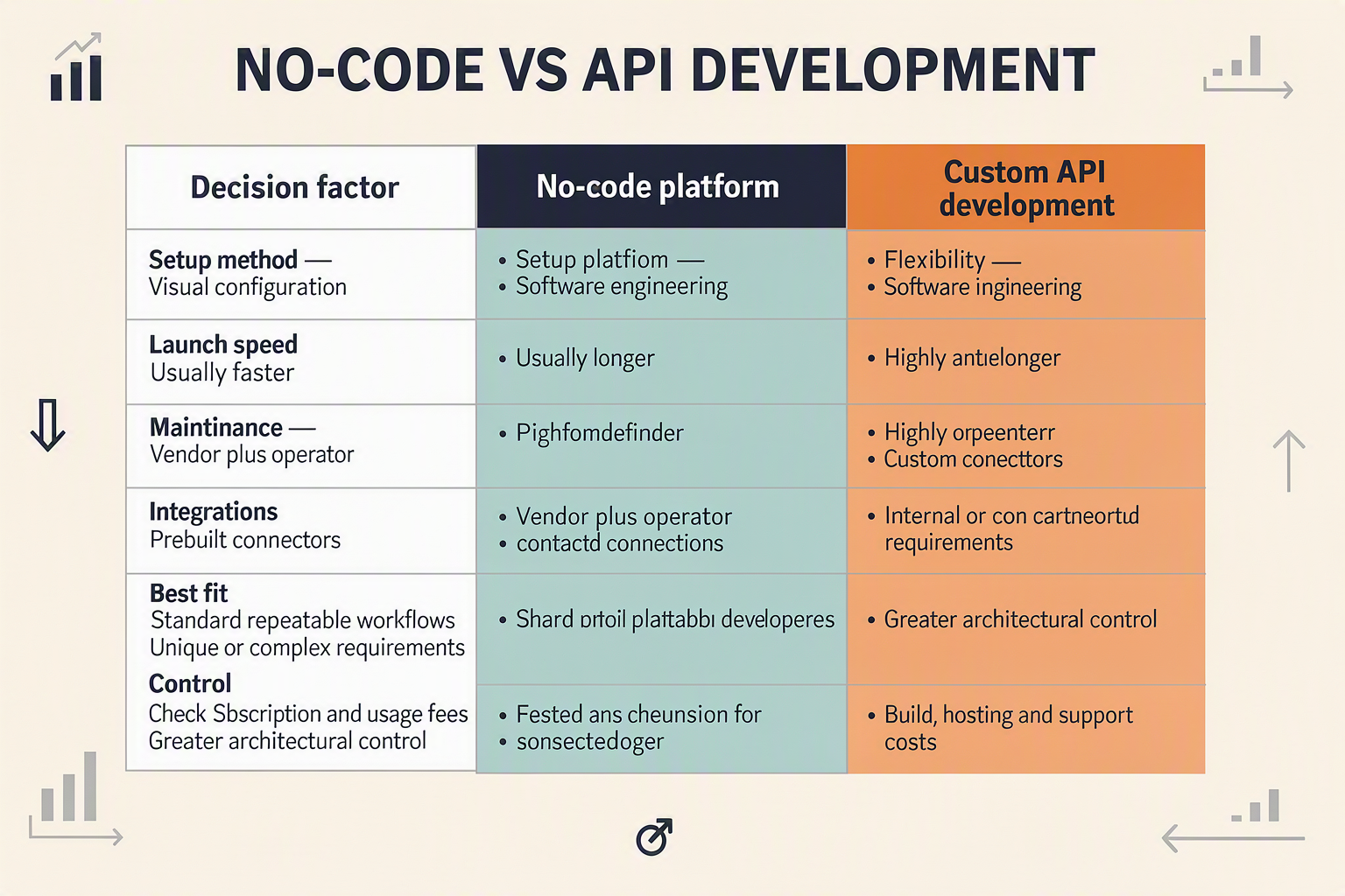 A detailed comparison-table infographic titled “NO-CODE VS API DEVELOPMENT” with columns labelled “Decision factor”,