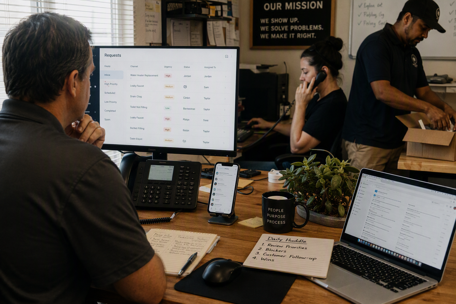 A neighborhood service-business office during a busy afternoon, with a manager reviewing customer conversations on a large