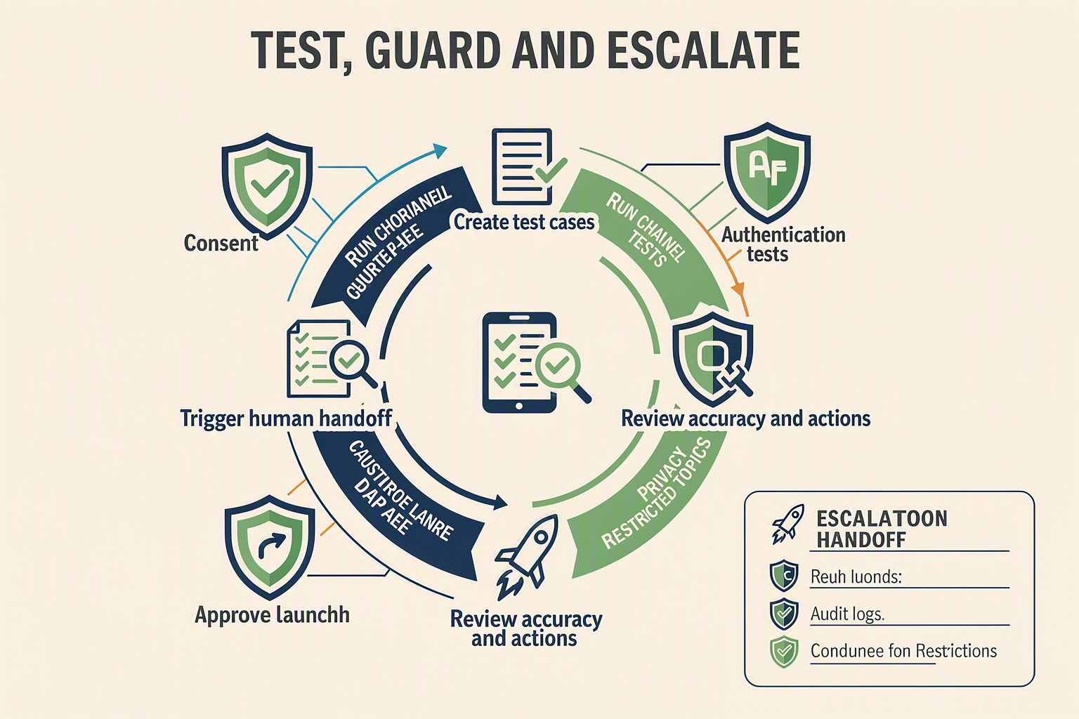 A circular quality-assurance infographic titled “TEST, GUARD AND ESCALATE” with five connected stages: “Create test cases”,