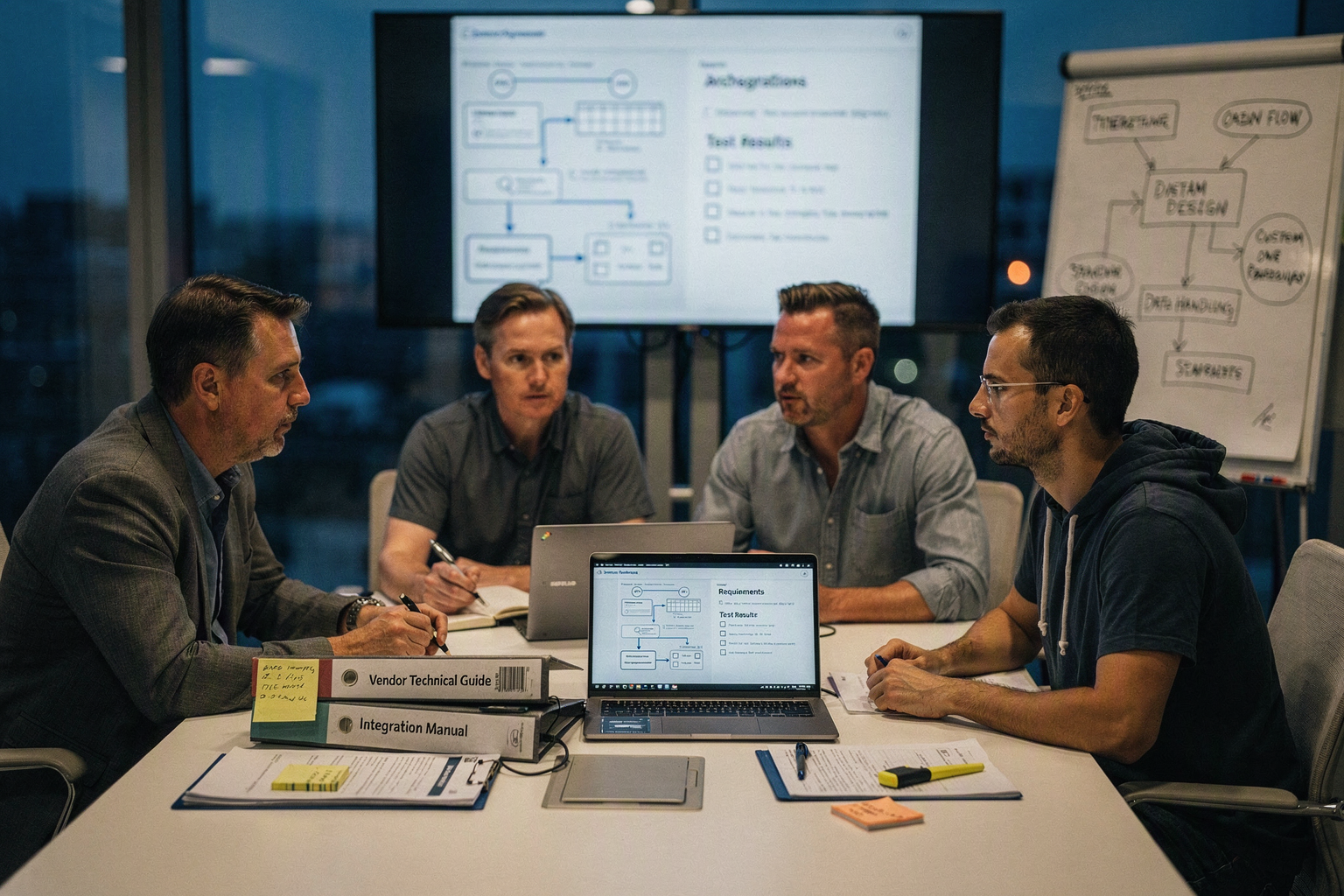 A small-business owner, operations lead, security adviser and software engineer gathered around a conference table