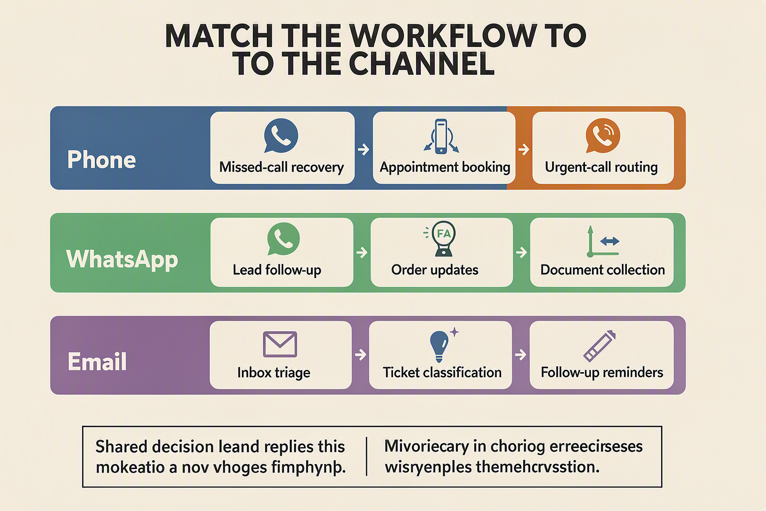 A three-lane workflow infographic titled “MATCH THE WORKFLOW TO THE CHANNEL”