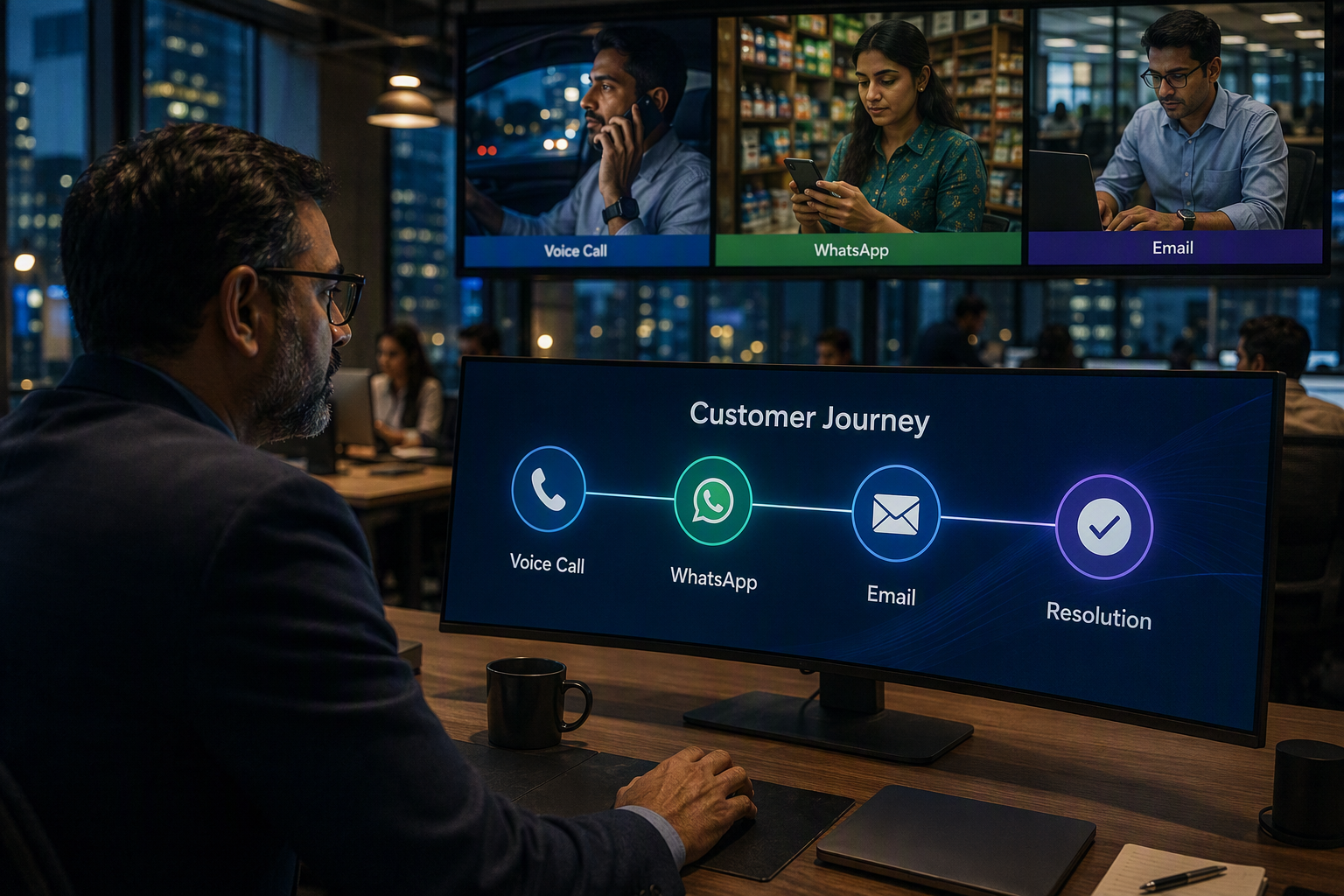 A busy service operations floor during early evening, showing customers communicating from different real-world settings: