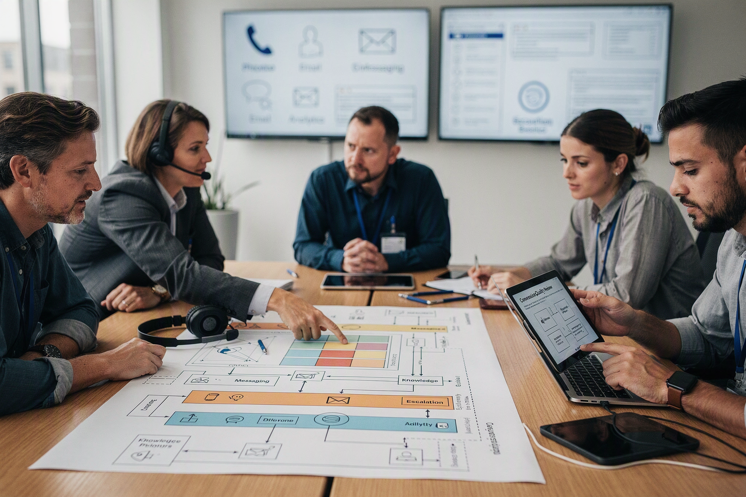 A roundtable workshop in a bright contemporary office, featuring a customer experience leader, contact-centre manager,