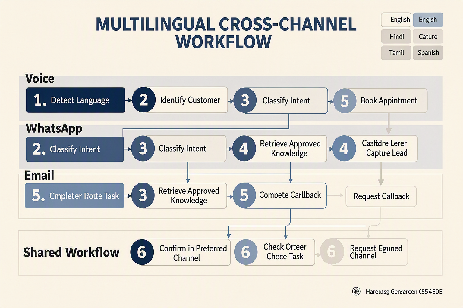 A detailed swimlane infographic titled MULTILINGUAL CROSS-CHANNEL WORKFLOW with three horizontal lanes labelled Voice,