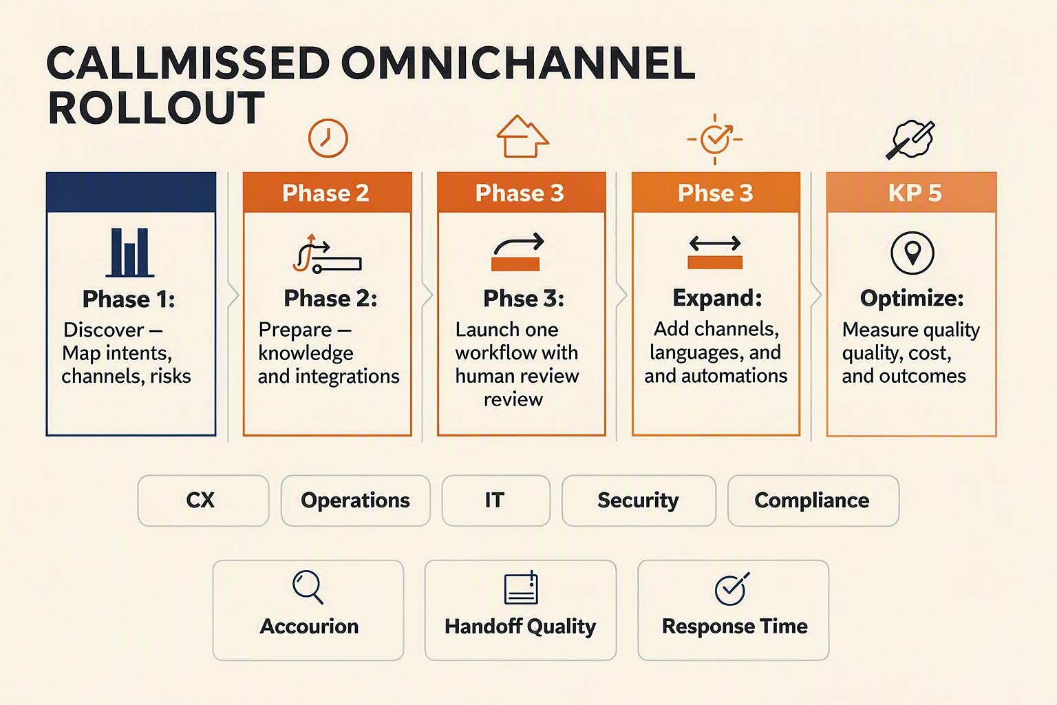 A phased roadmap infographic titled CALLMISSED OMNICHANNEL ROLLOUT with five connected milestone columns