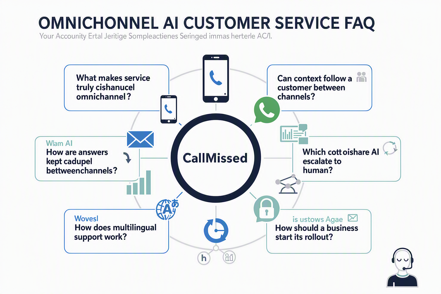 A structured FAQ infographic titled OMNICHANNEL AI CUSTOMER SERVICE FAQ with eight rounded question cards arranged around a