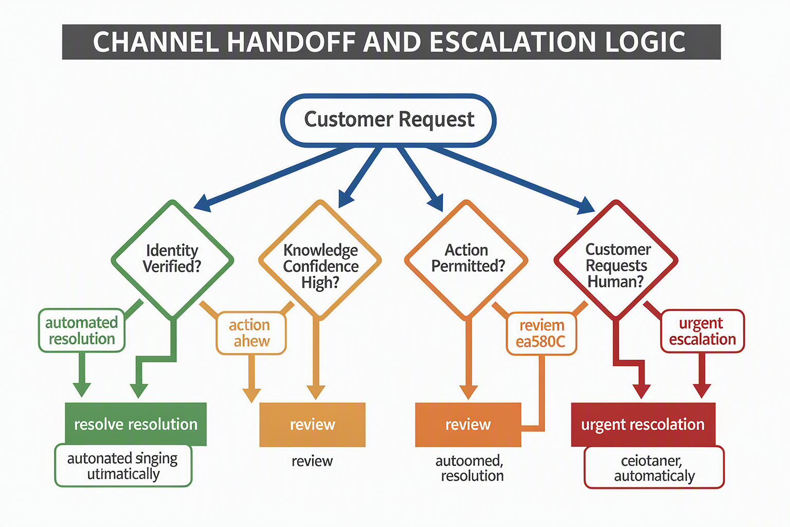 A decision-tree infographic titled CHANNEL HANDOFF AND ESCALATION LOGIC beginning with a rounded card labelled Customer