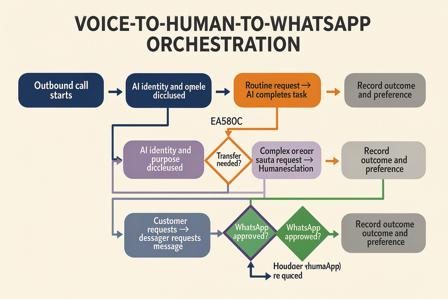 رسم معلوماتي لمسار متفرع للعملاء بعنوان تنسيق VOICE-TO-HUMAN-TO-WHATSAPP