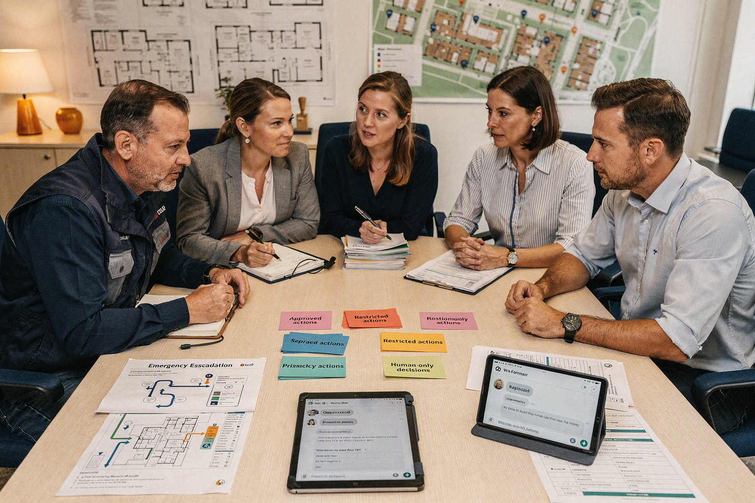 A cross-functional workshop in a bright property company meeting room, with a maintenance supervisor, property manager,