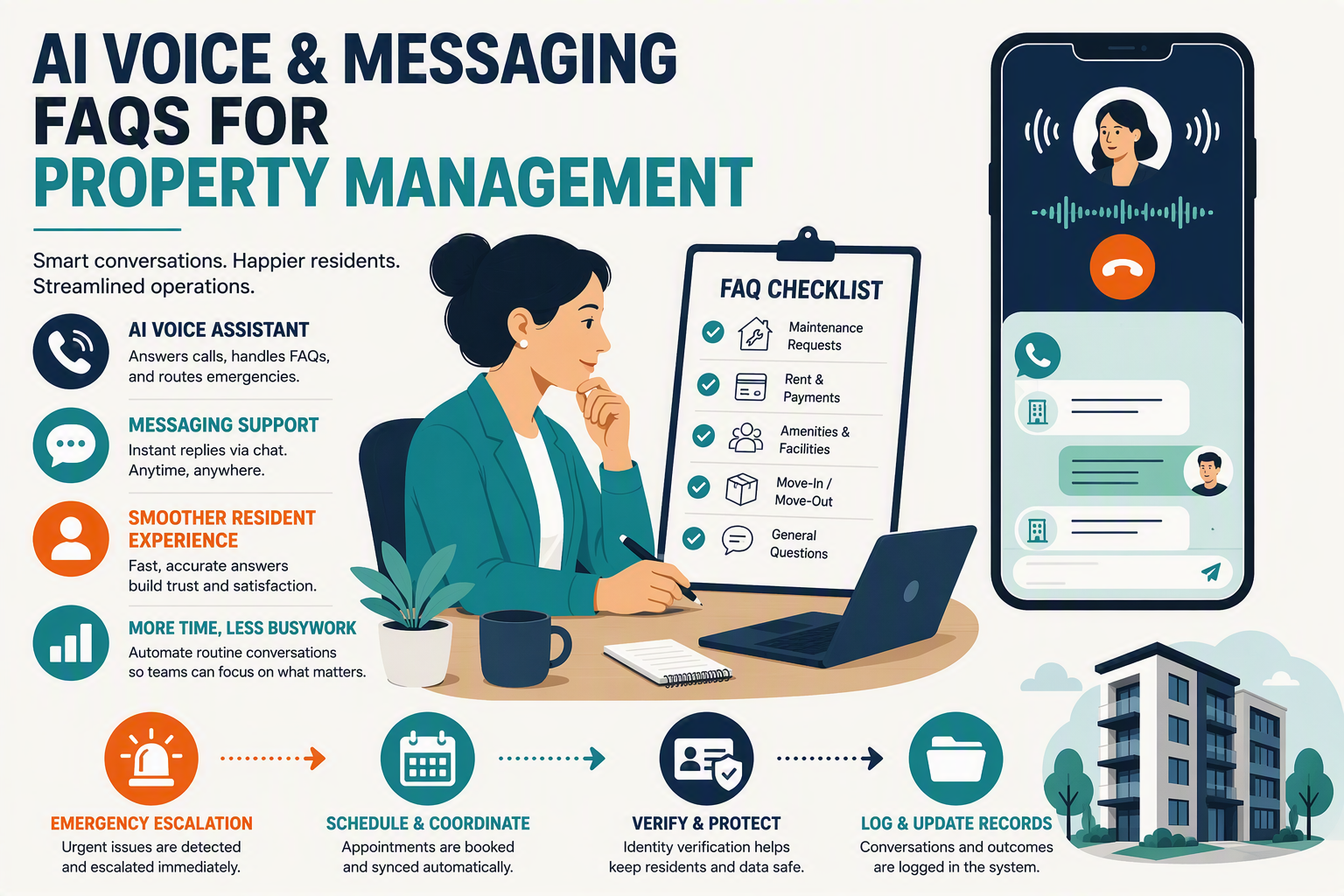 A structured FAQ infographic titled PROPERTY MANAGEMENT AI: QUICK ANSWERS with eight rounded question cards arranged in two