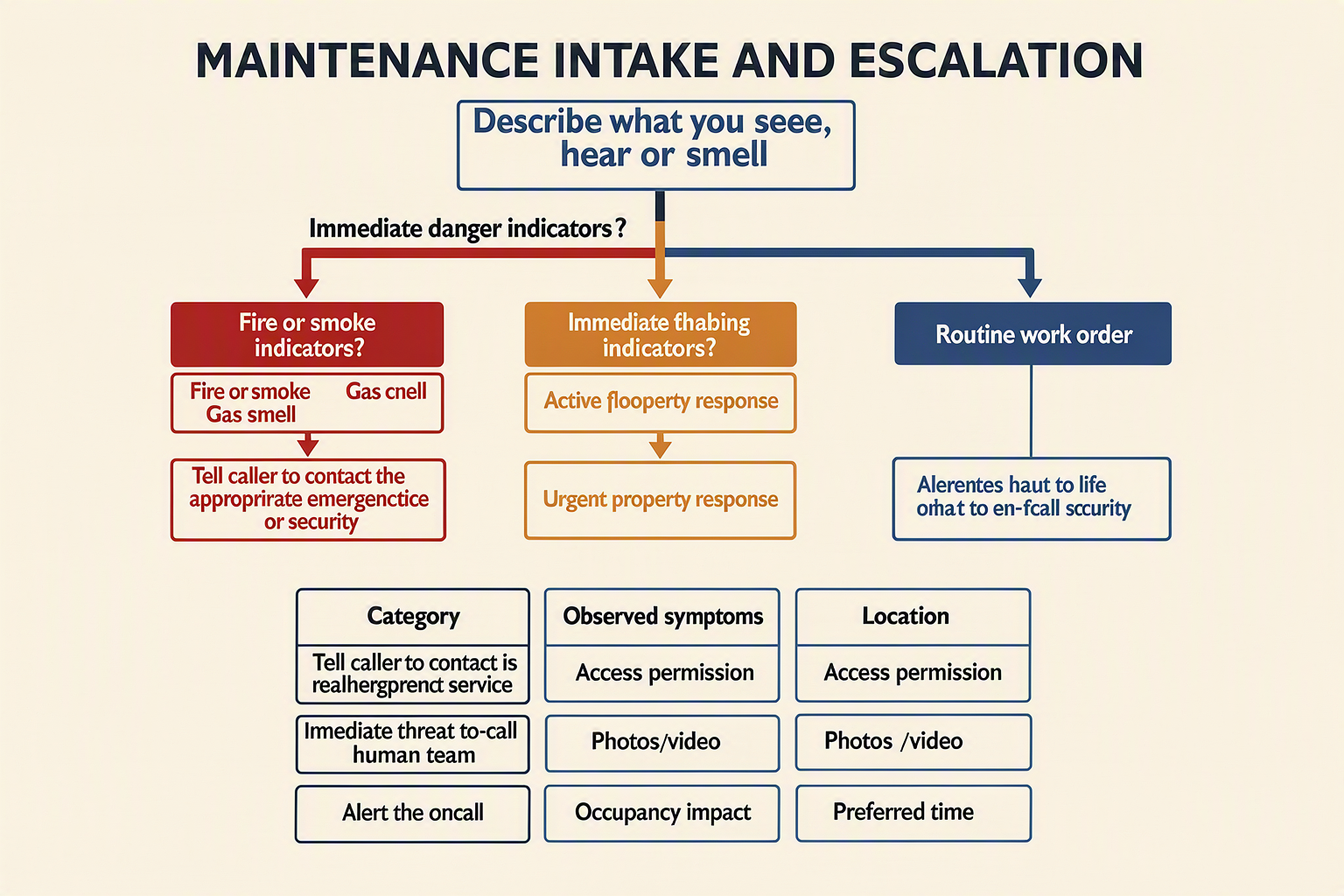 A safety-first decision-tree infographic titled MAINTENANCE INTAKE AND ESCALATION beginning with Describe what you can see,