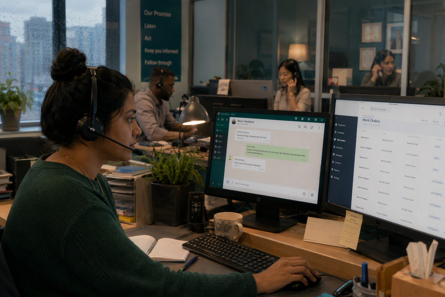 Inside a busy but composed residential management office during a rainy morning, a tenant-services coordinator wears a