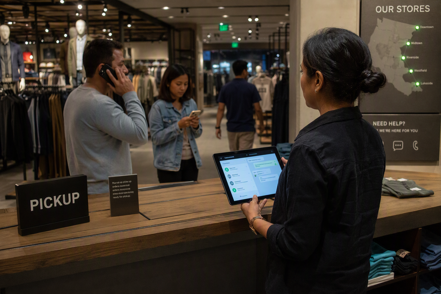 Inside a busy urban retail store during early evening, a customer calls about opening hours while another uses WhatsApp to