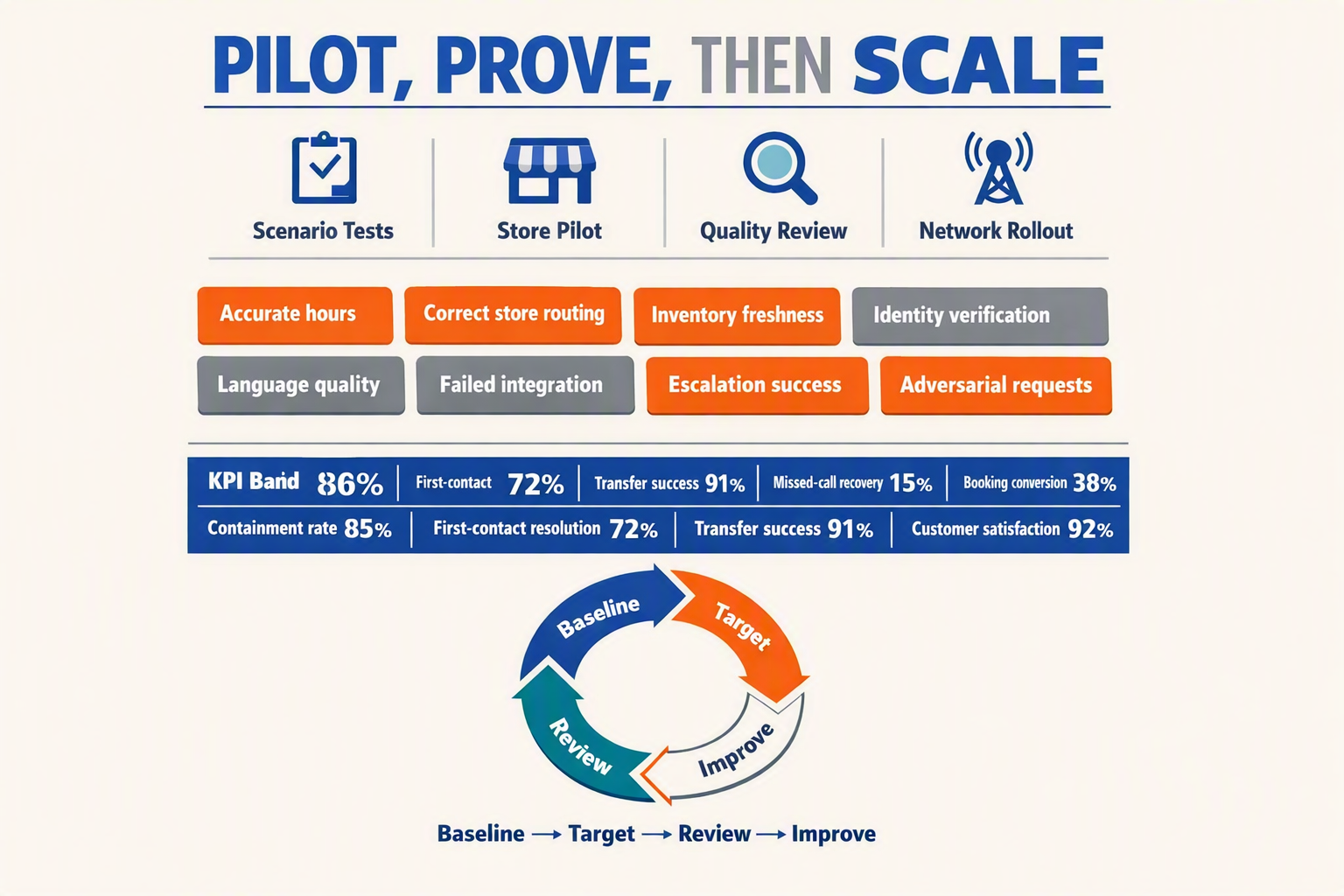 A retail AI testing scorecard titled PILOT, PROVE, THEN SCALE divided into four vertical stages labeled Scenario Tests,