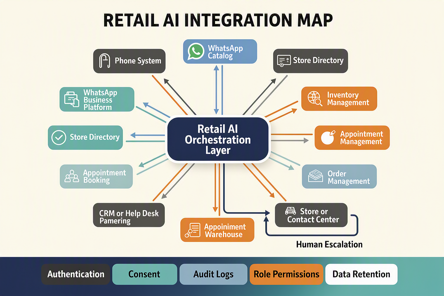 A hub-and-spoke systems architecture titled RETAIL AI INTEGRATION MAP