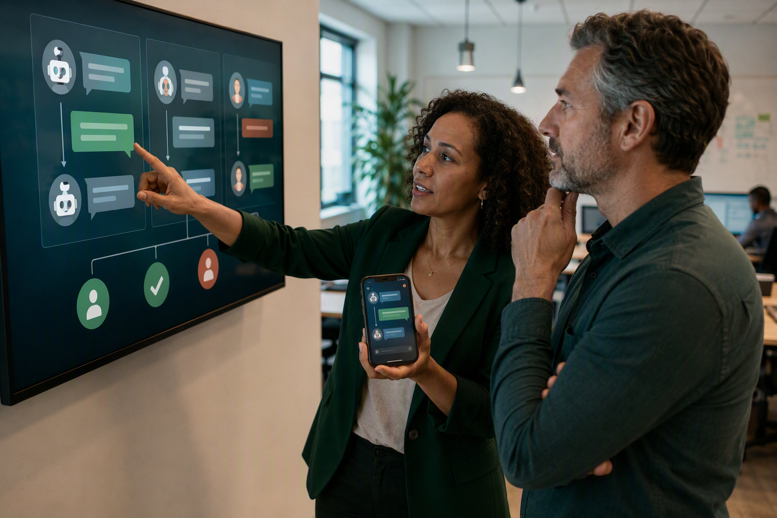 A customer-support manager and revenue-operations lead standing together in a bright mid-sized business office, reviewing a
