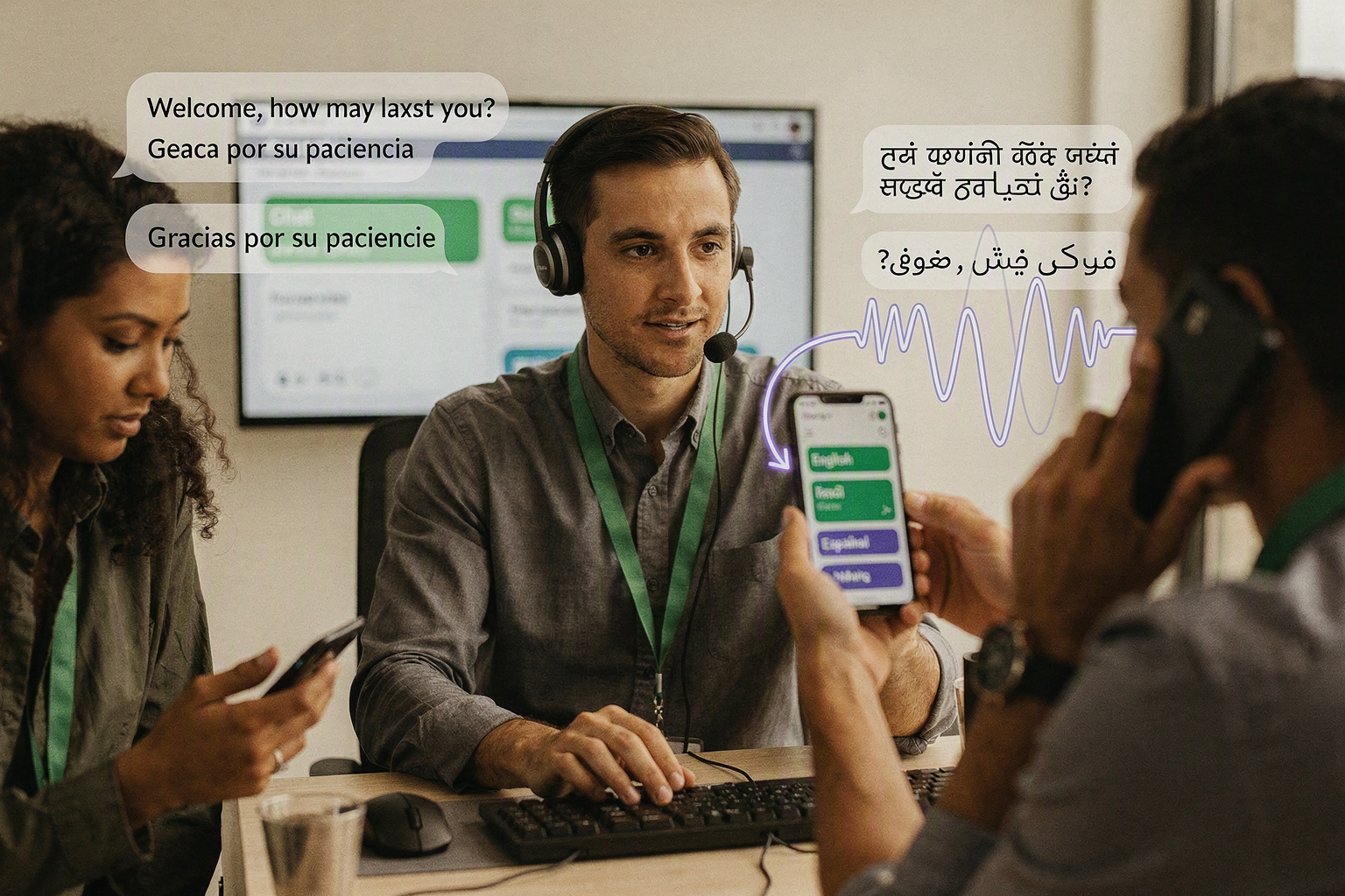 A lively multilingual service scene inside an international travel and retail help desk, with customers using smartphones