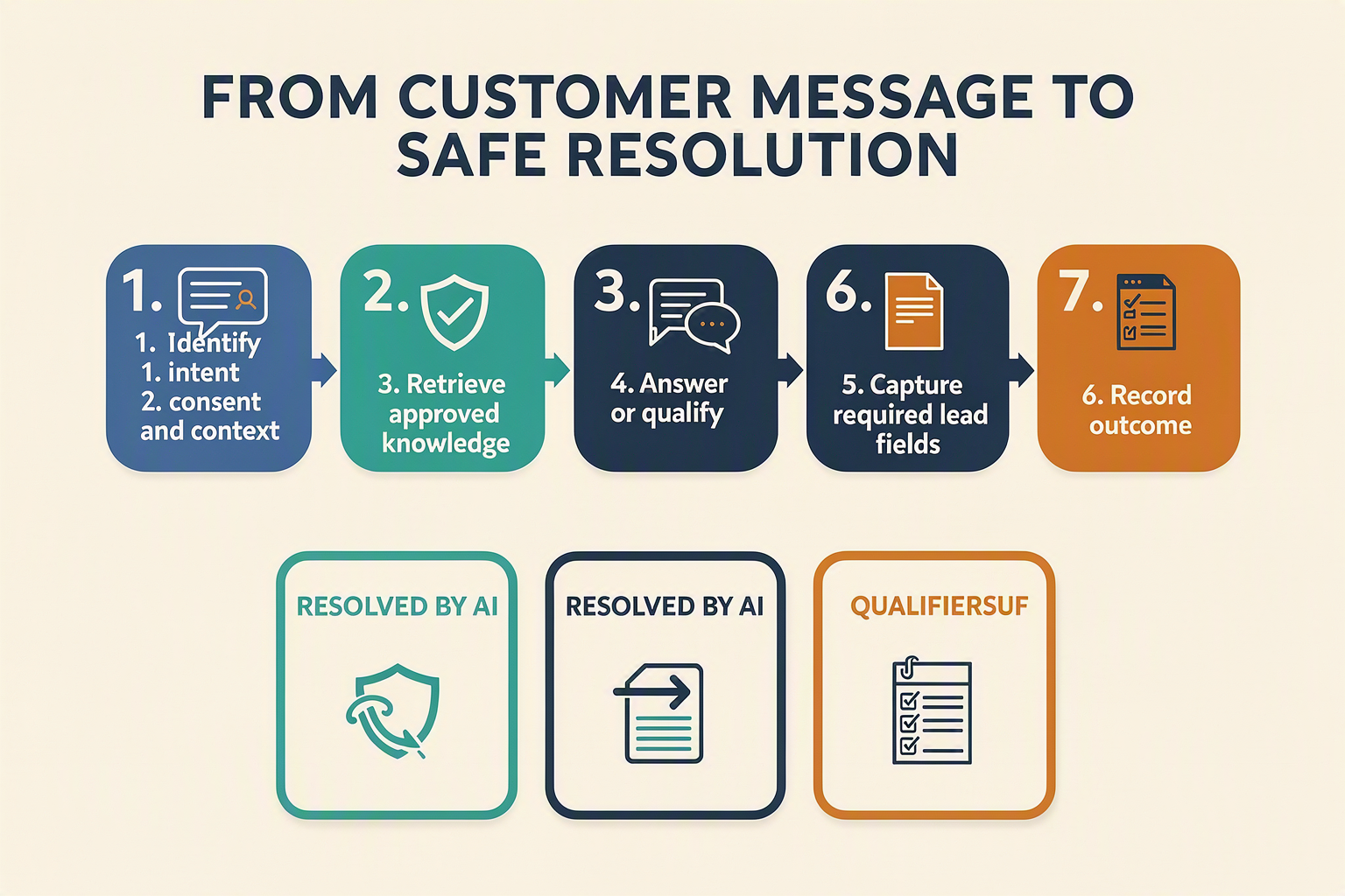 A horizontal implementation-process infographic titled FROM CUSTOMER MESSAGE TO SAFE RESOLUTION with seven rounded stages