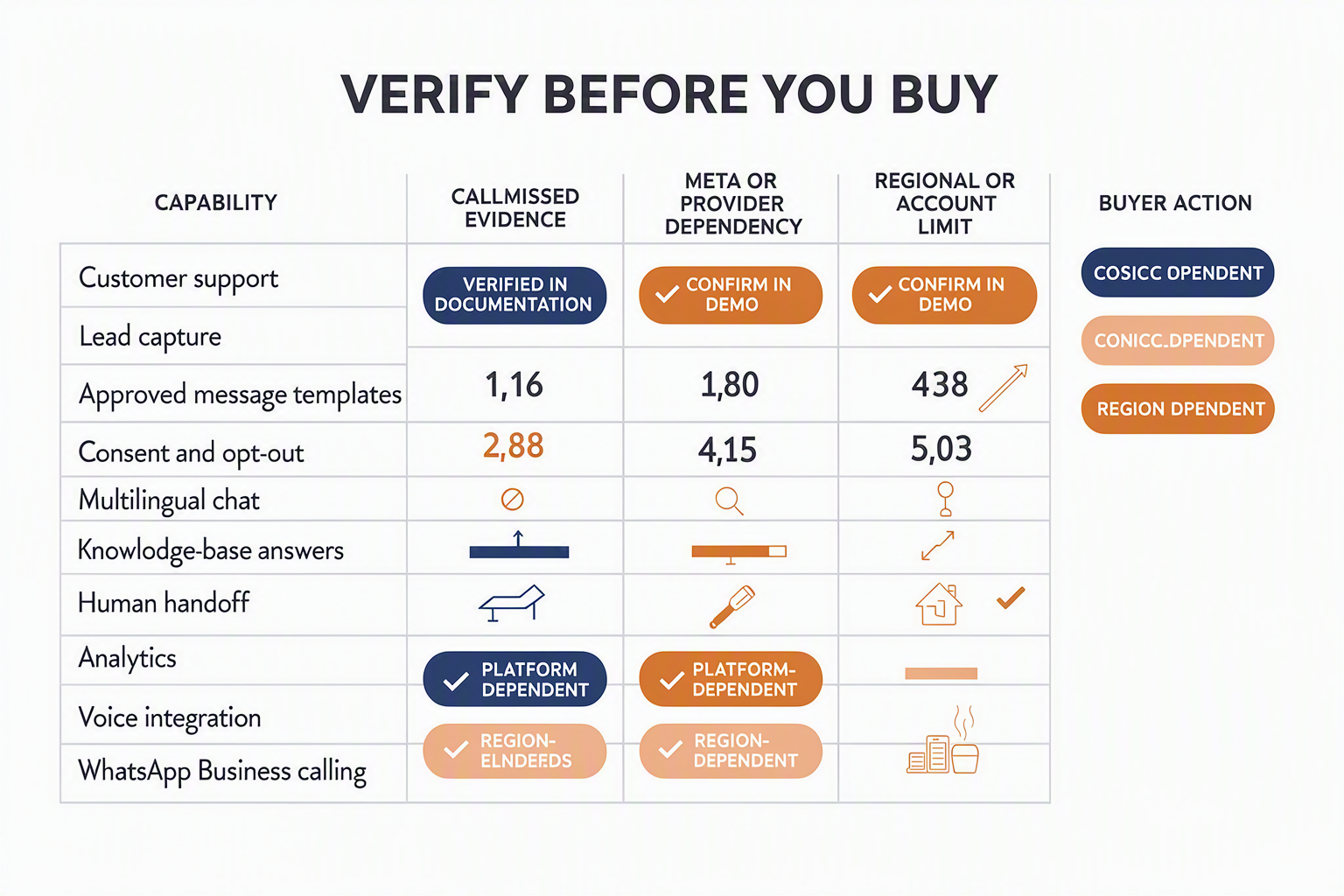 A crisp capability-verification matrix titled VERIFY BEFORE YOU BUY with columns labeled CAPABILITY, CALLMISSED EVIDENCE,