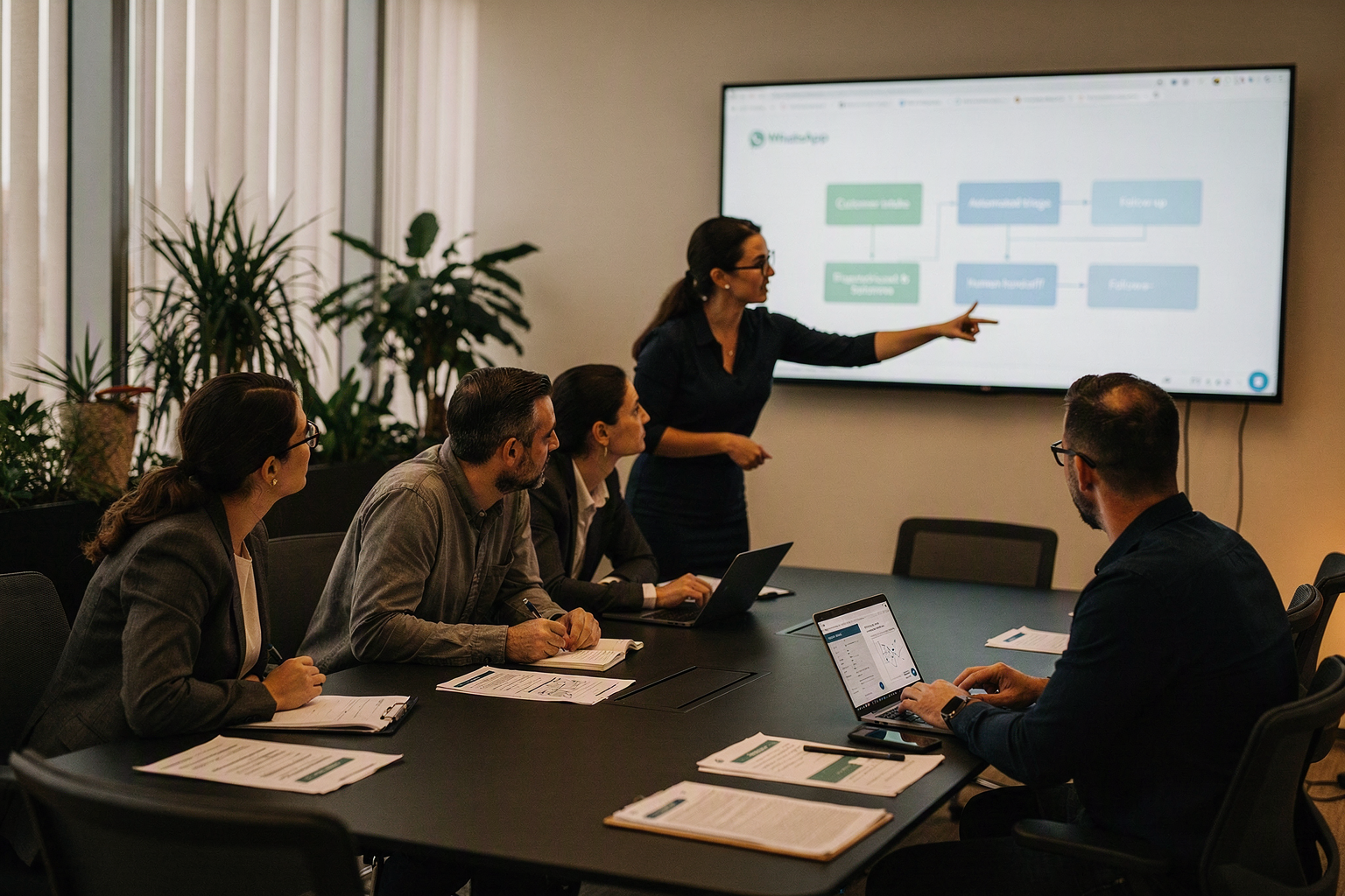 A collaborative governance workshop in a modern conference room, featuring a compliance specialist, service operations