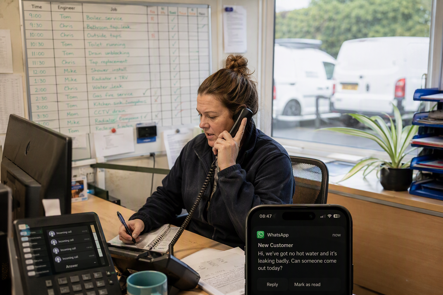 Inside a bustling plumbing and electrical service office during the morning rush, a receptionist handles one live phone call