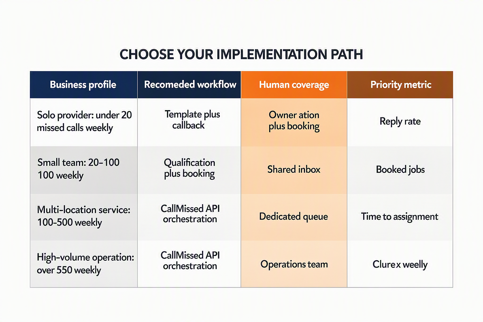 A decision-table infographic titled CHOOSE YOUR IMPLEMENTATION PATH with four columns labelled Business profile, Recommended