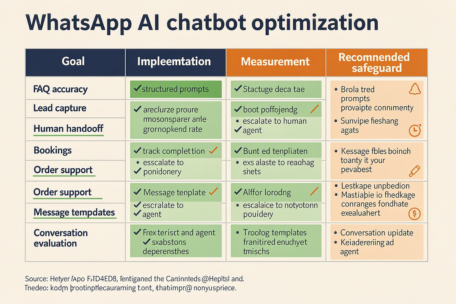 Design an advanced-practices comparison table titled WhatsApp AI chatbot optimization with columns Goal, Implementation,