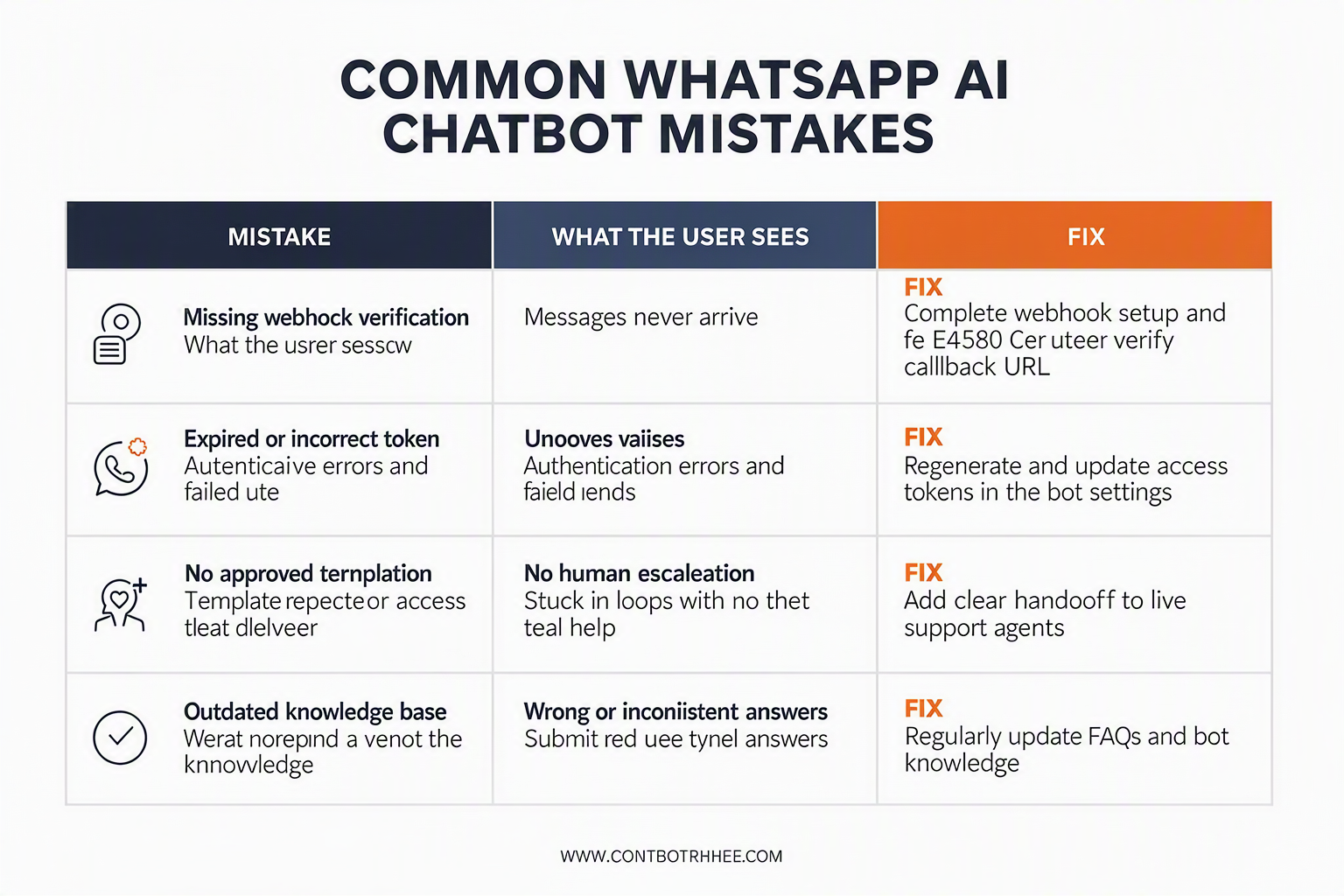 Create a troubleshooting table titled Common WhatsApp AI chatbot mistakes with three columns: Mistake, What the user sees,