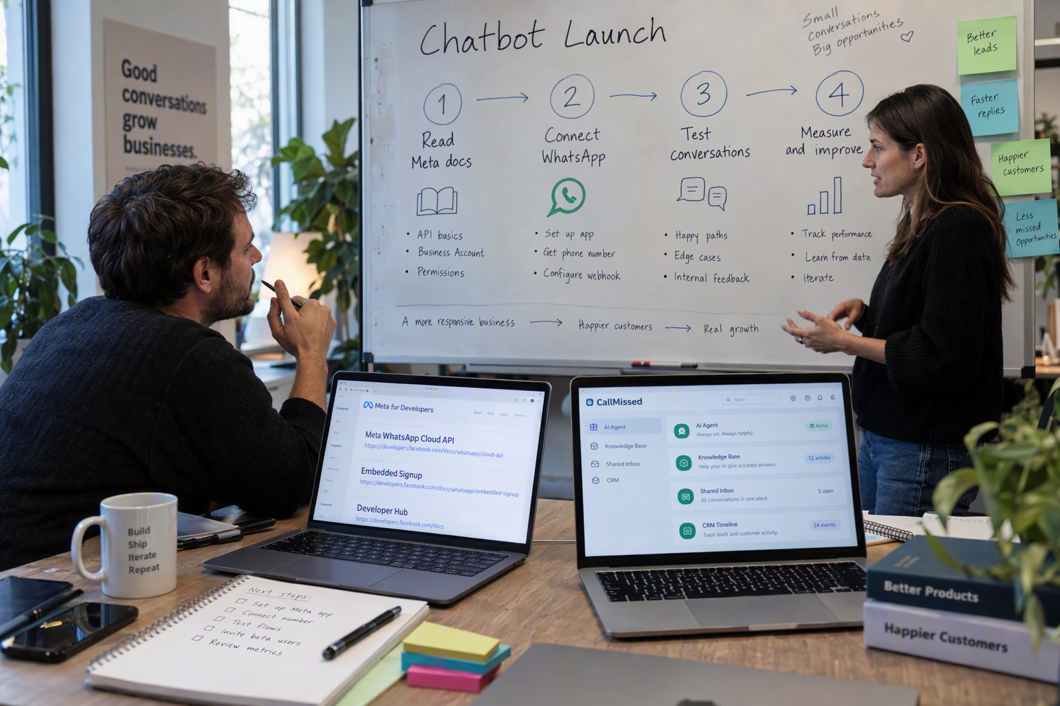 Show a developer and a business operator planning a chatbot launch beside a wall-sized roadmap