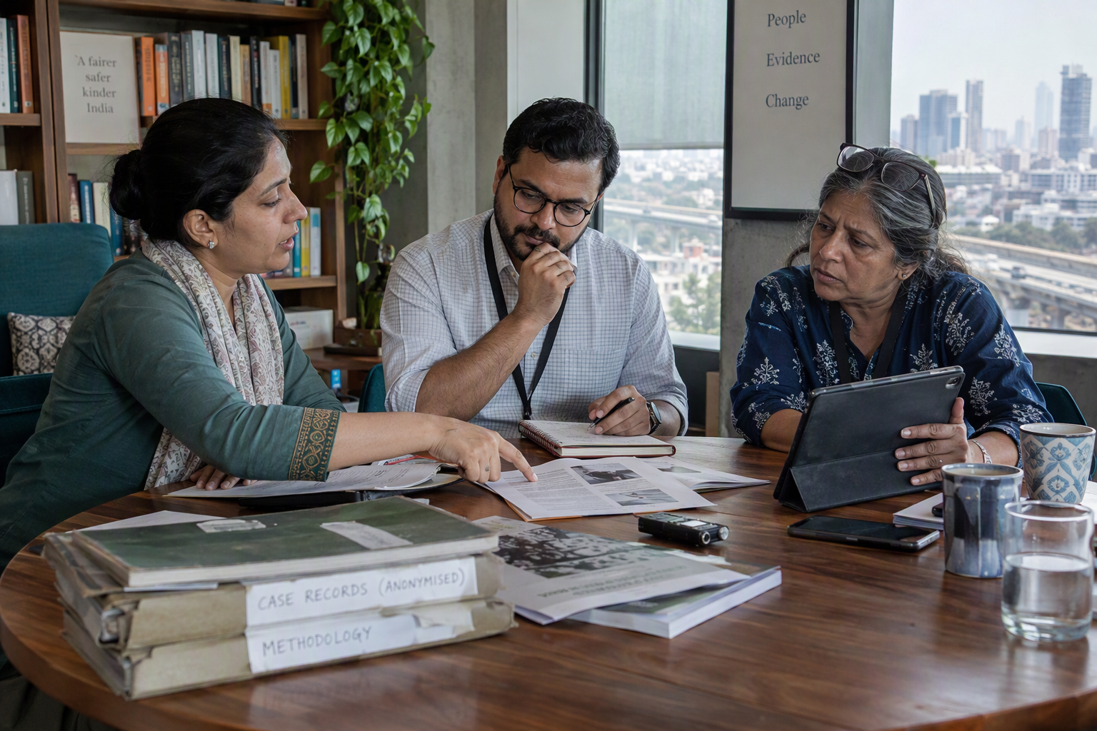 Show a thoughtful interview-style discussion in a bright meeting room overlooking a busy Indian city