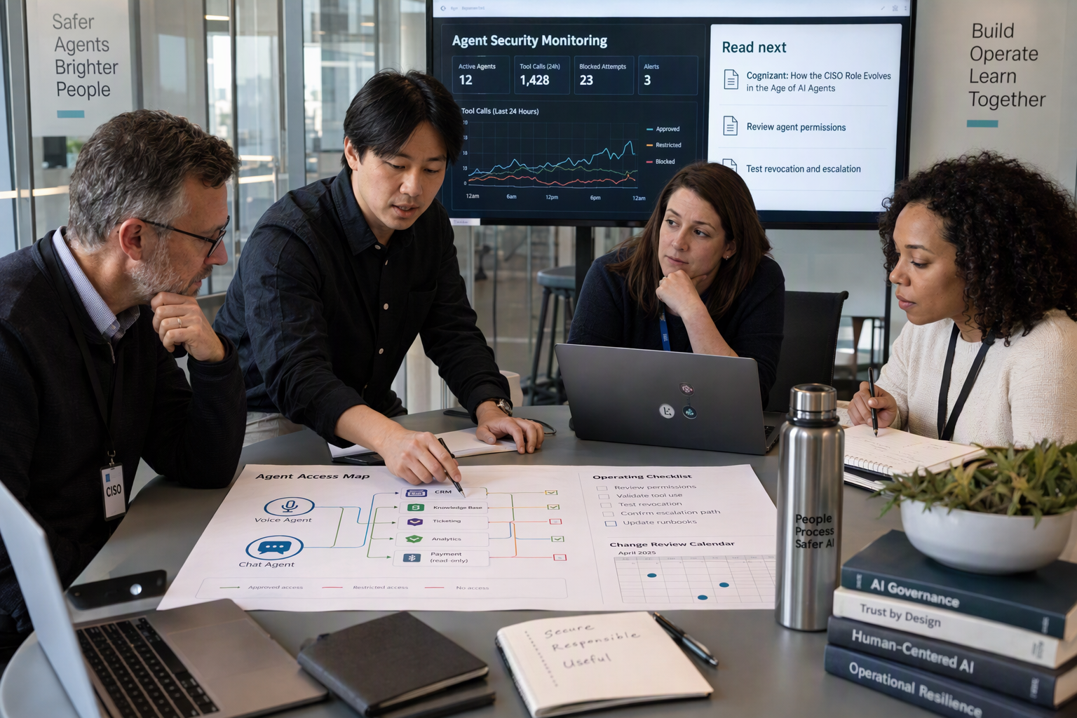 Show a cross-functional team in a bright meeting room turning an agent-security plan into an operating checklist