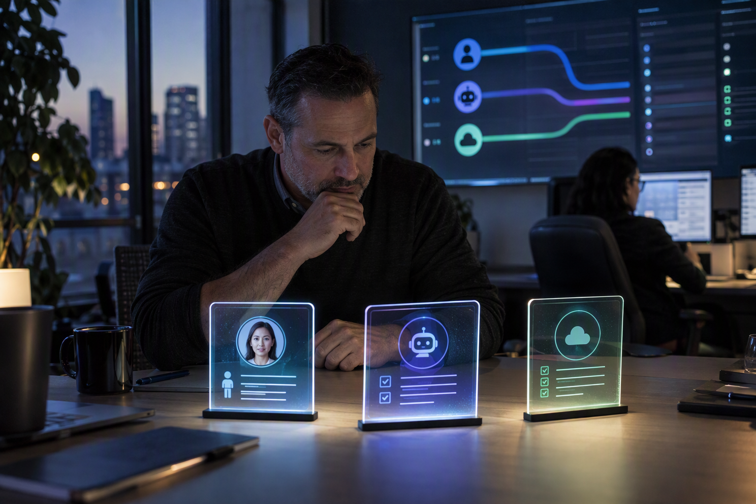 Show an identity-governance review in a contemporary enterprise security office: a security lead examines three separate
