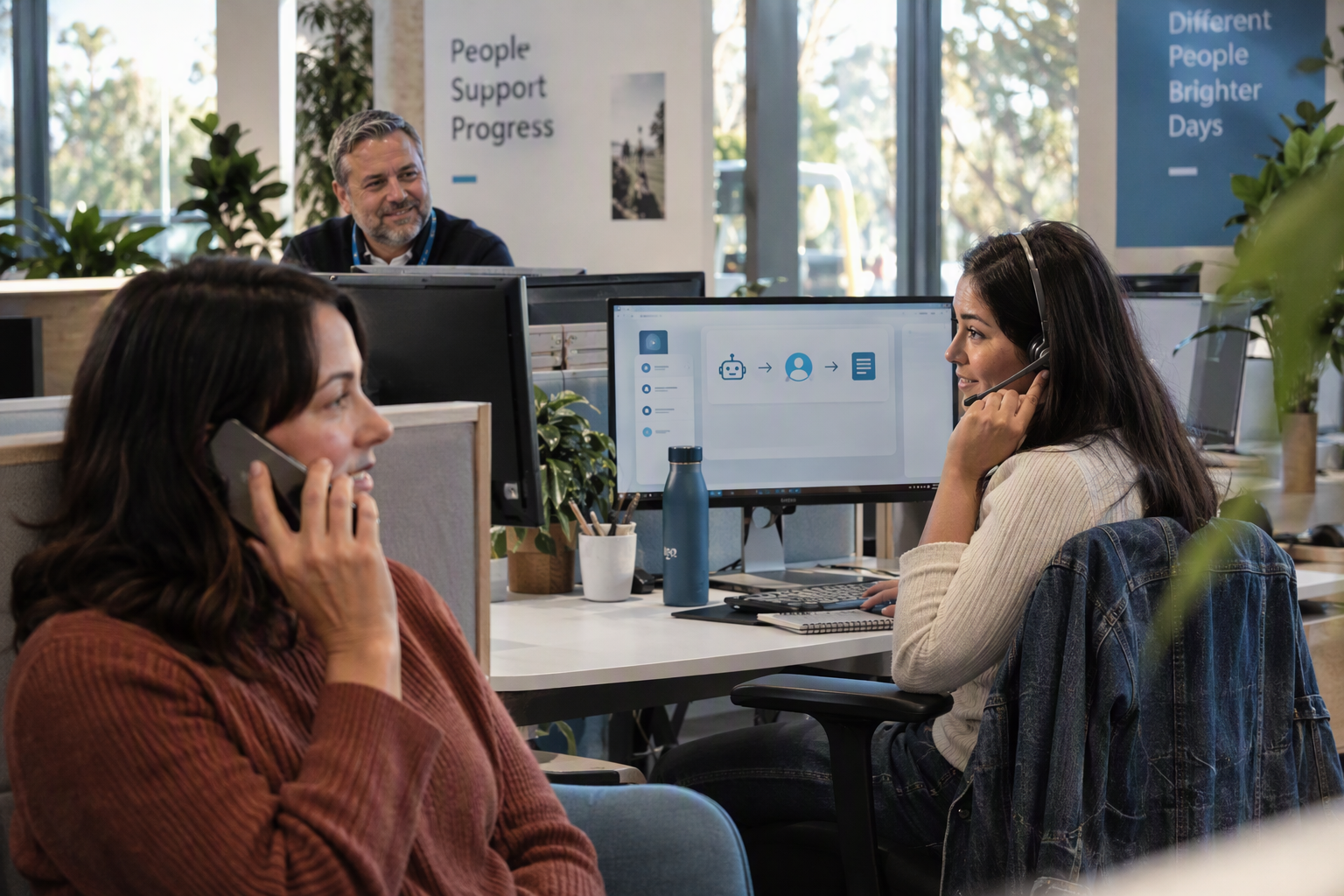 Show a customer speaking by phone in the foreground while a service representative receives the transferred conversation at